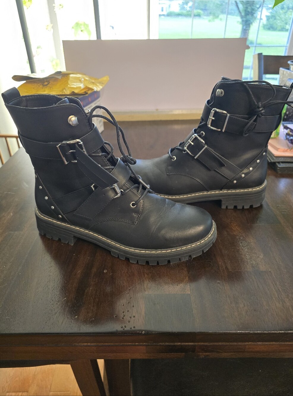SO Black Studded Buckle Lace-Up Combat Moto Boots